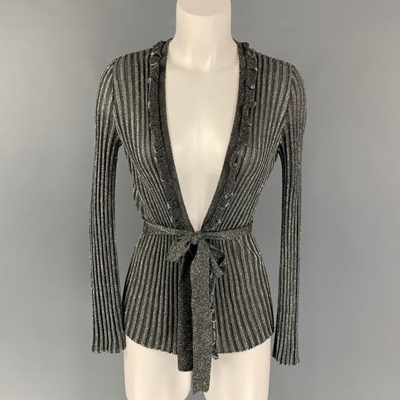 M MISSONI Size 4 Silver & Black Metallic Acetate Blend Belted Cardigan - Picture 1 of 1